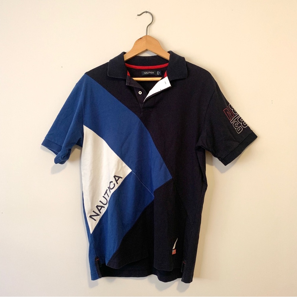 NAUTICA Short Sleeve Polo Tee 90’s Style Navy Blue and White Casual Men Sz Med